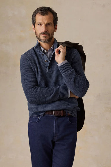 Faherty - Sunwashed Dockside Quarter Button - Abyss Navy - Model Front