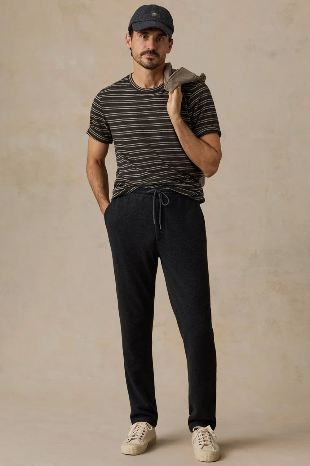 Faherty - Sunwashed Tee - Black Sand Stripe - Model Full Body