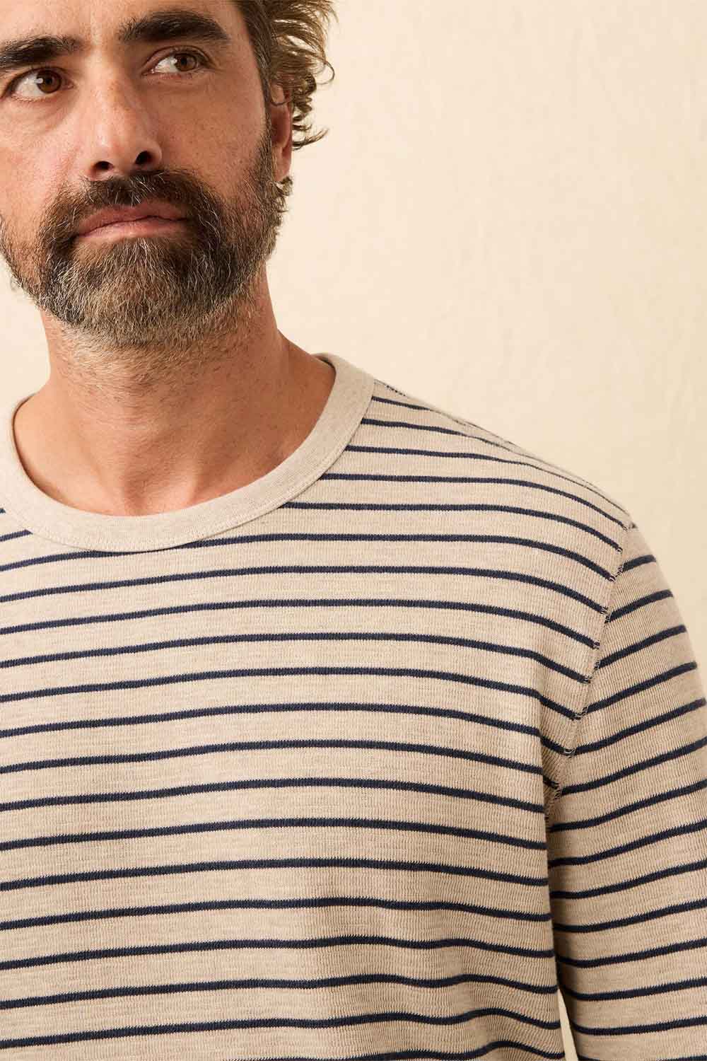 faherty double knit crew oat navy stripe detail