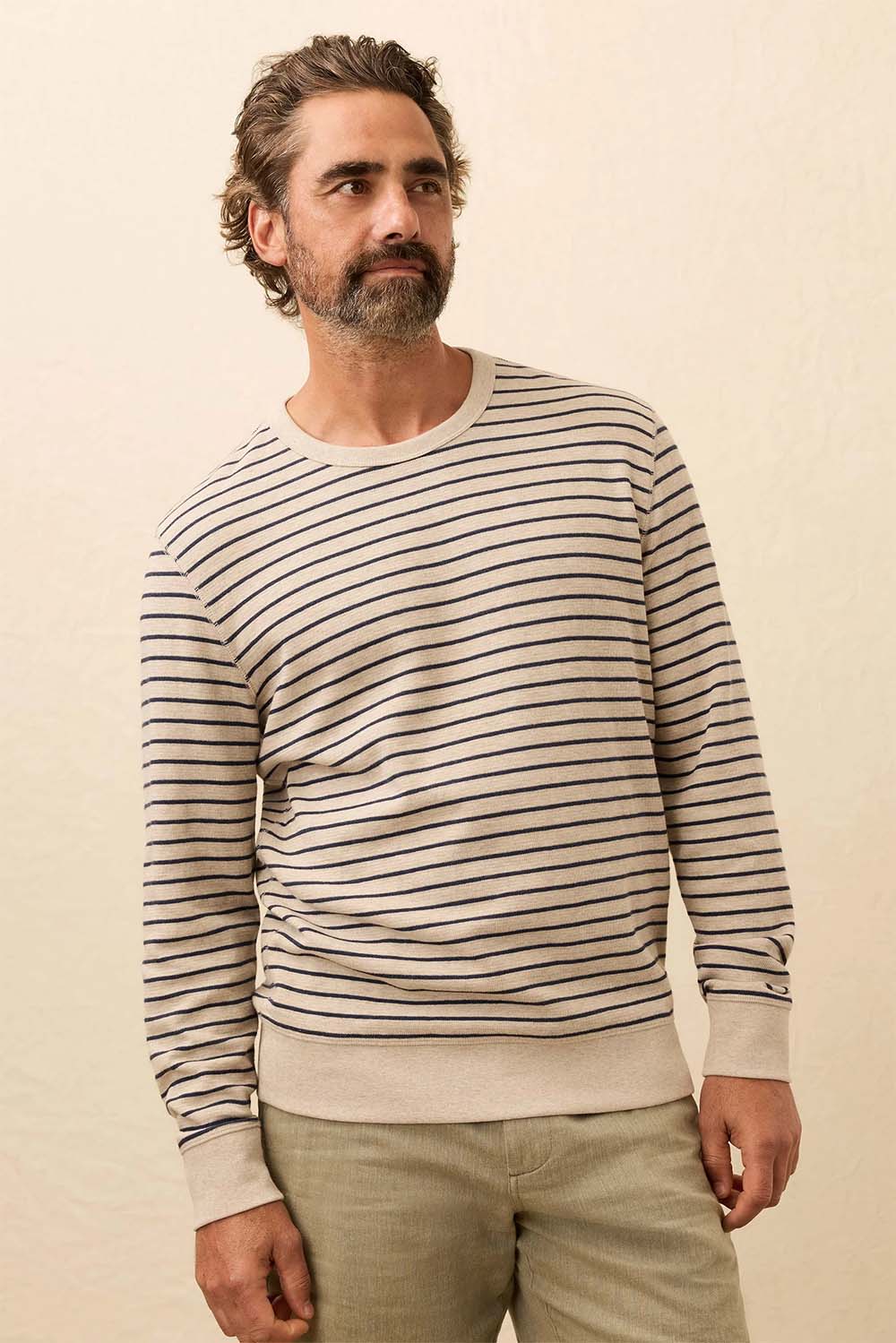 faherty double knit crew oat navy stripe front