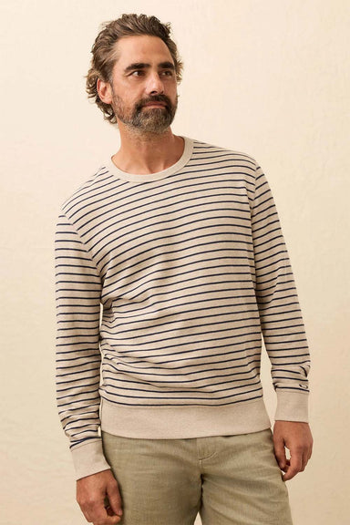 faherty double knit crew oat navy stripe front