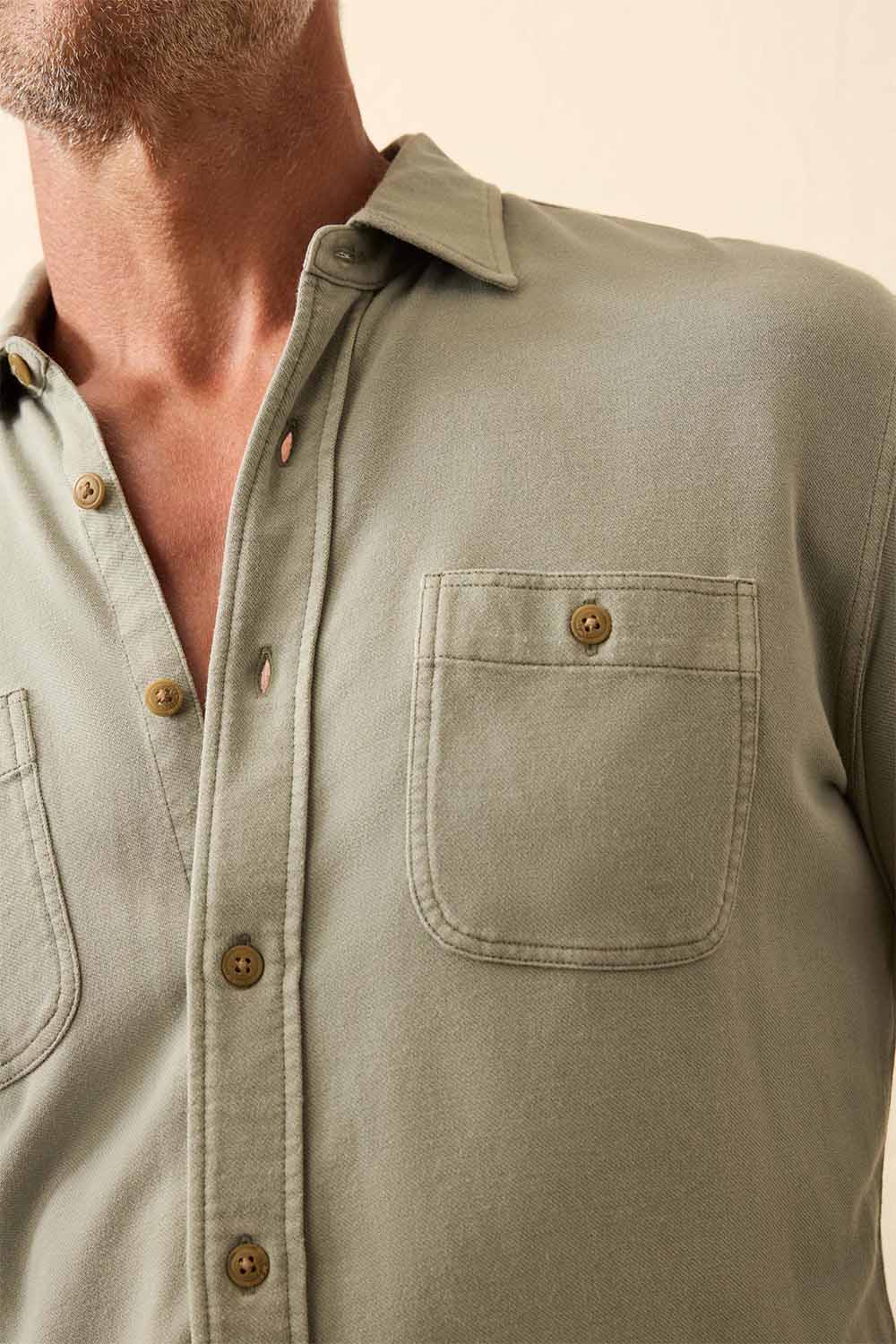 faherty field knit utility shirt coastal sage detail