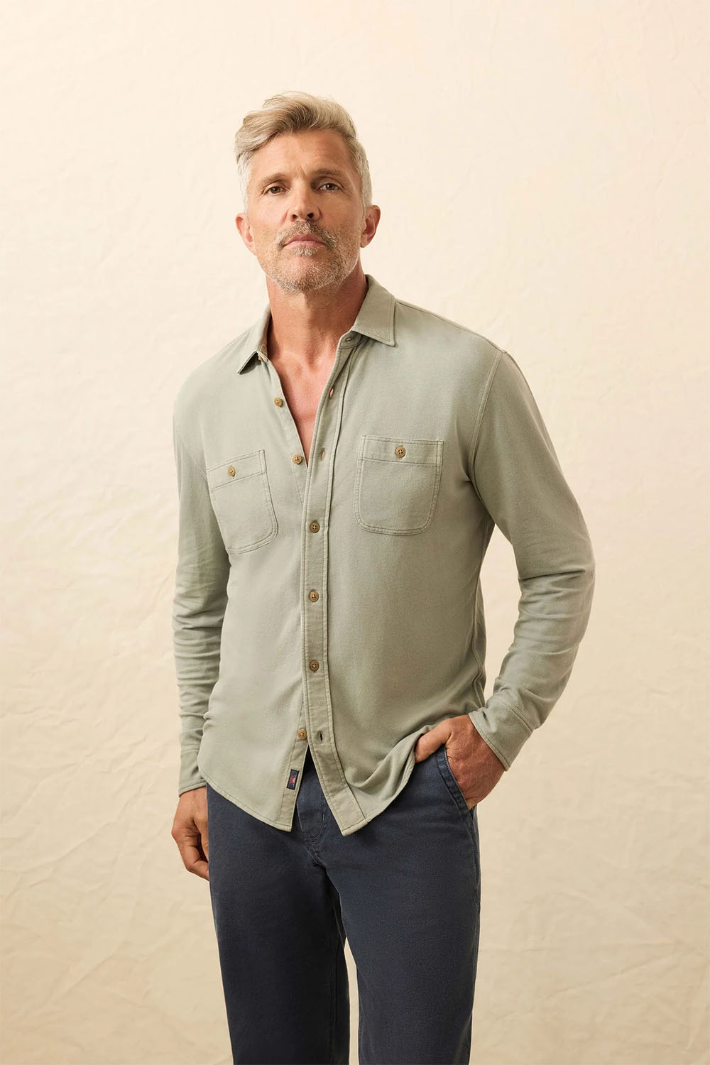 faherty field knit utility shirt coastal sage front