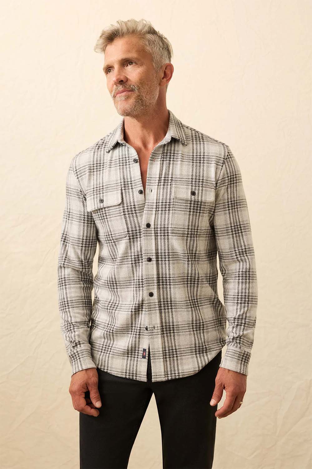 faherty legend sweater shirt charcoal cream plaid front