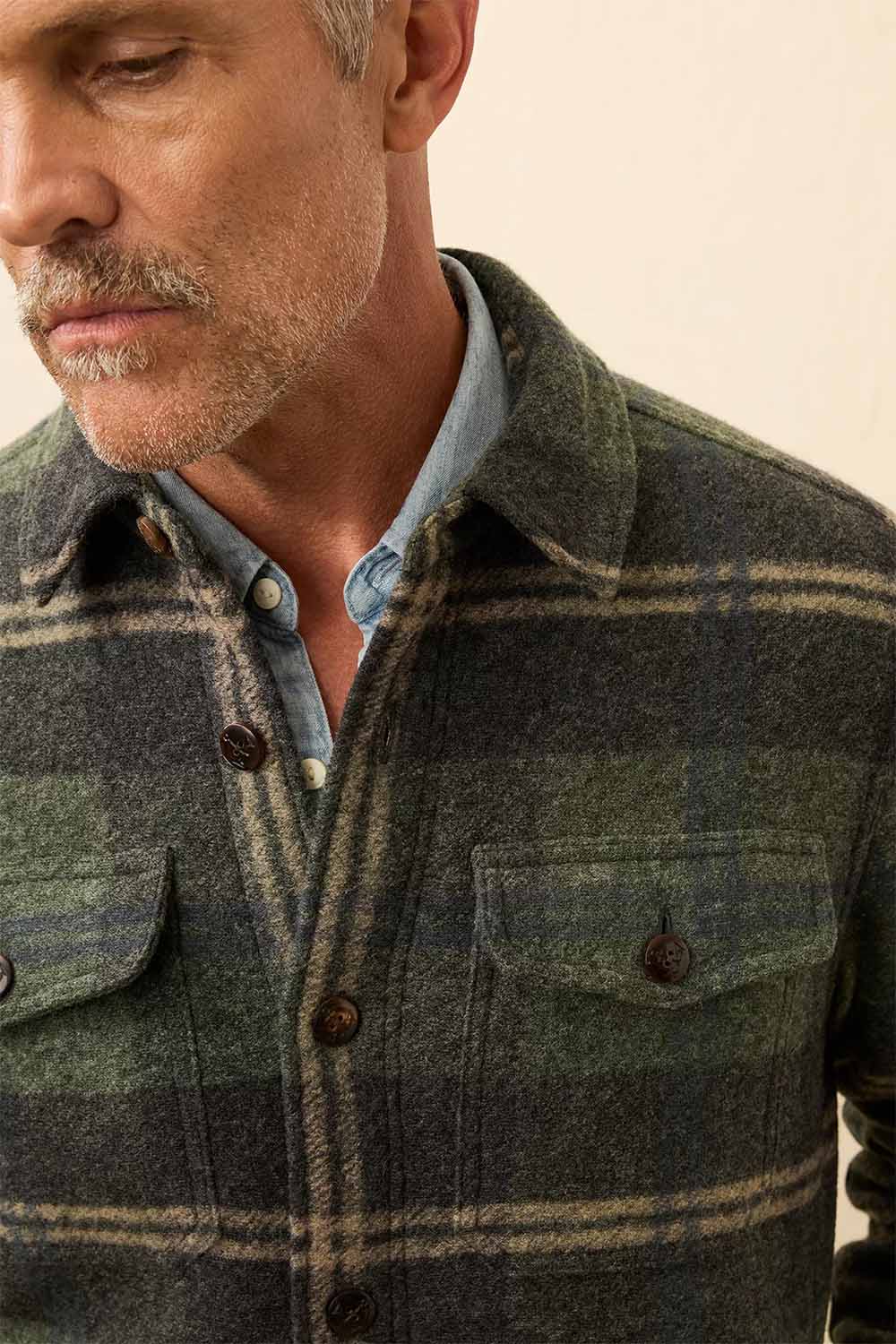 faherty range fleece lined cpo forest point plaid detail