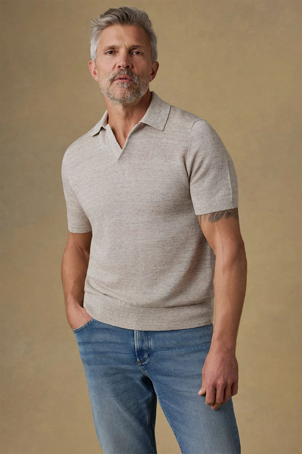 faherty ss linen sweater polo tropic sands melange front
