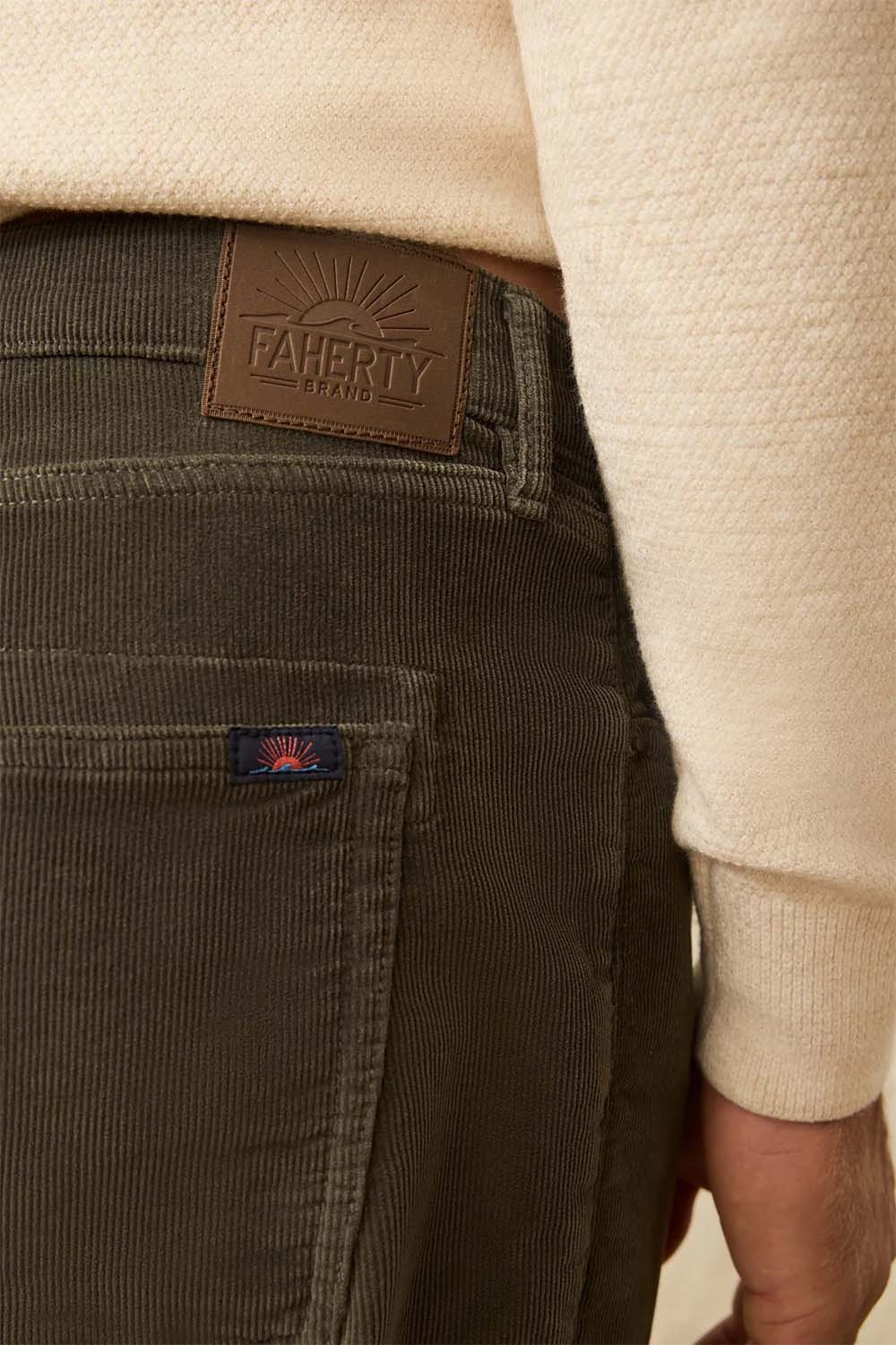 faherty stretch terry cord 5 pocket pant mountain forest detail