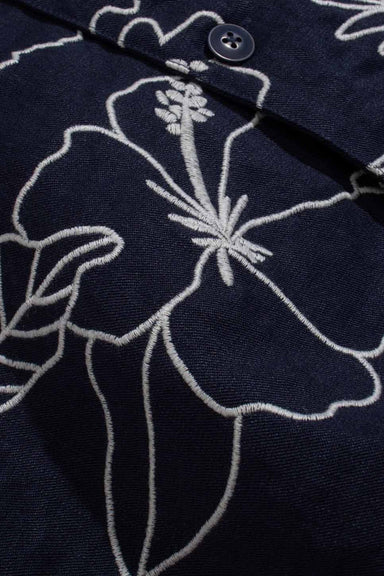 far afield veloso shirt navy embroidered landscape detail