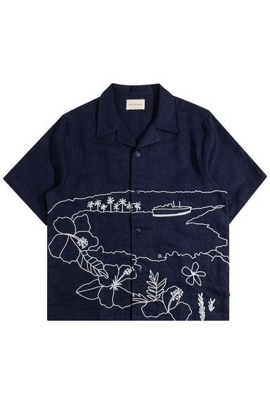 far afield veloso shirt navy embroidered landscape flatlay