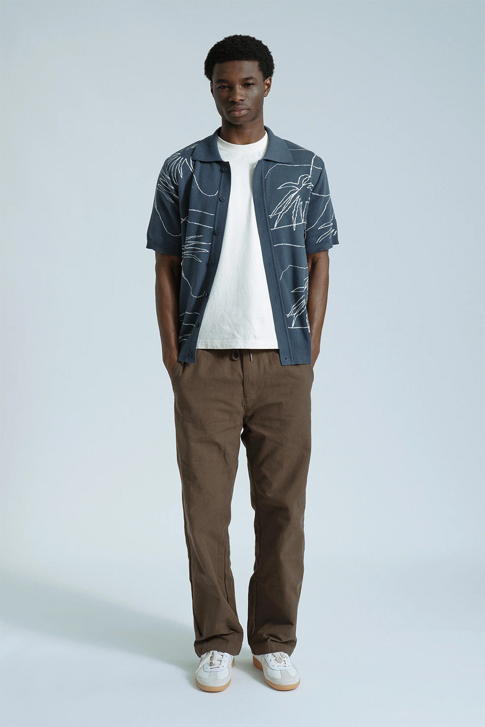 far afield zigger knitted shirt blue palms 