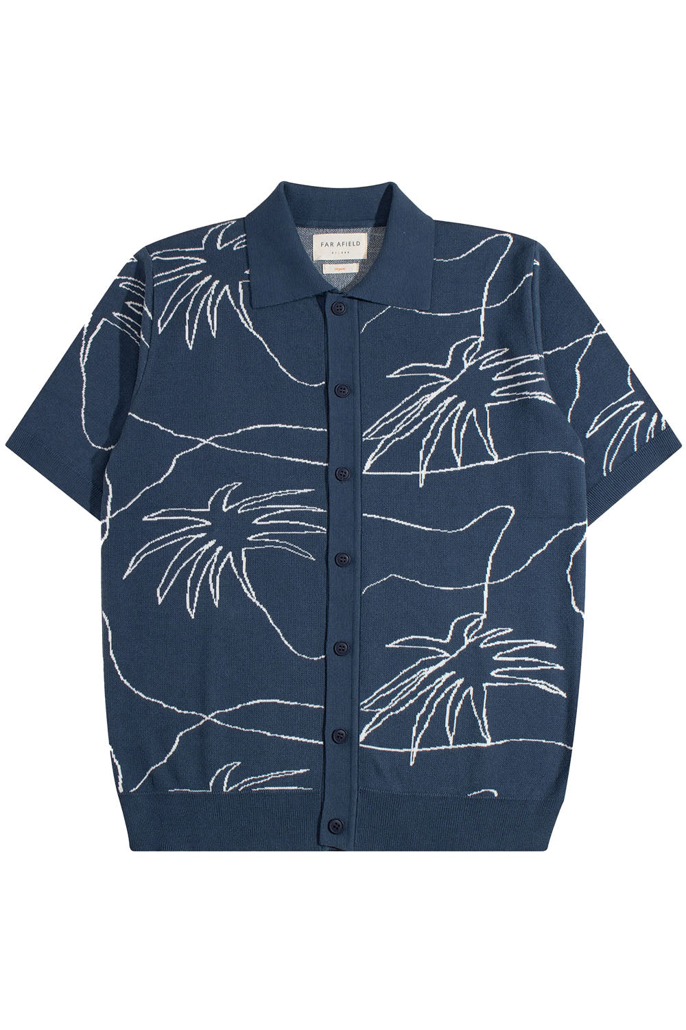 far afield zigger knitted shirt blue palms flatlay