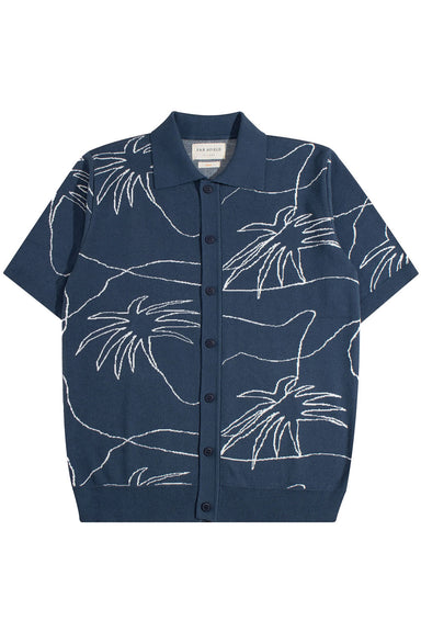 far afield zigger knitted shirt blue palms flatlay