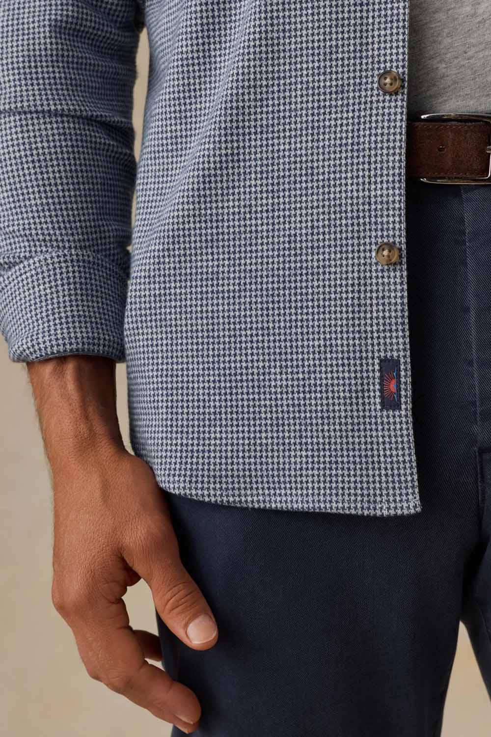 Faherty Legend Sweater Shirt in Navy Cream Pincheck — Detail label view