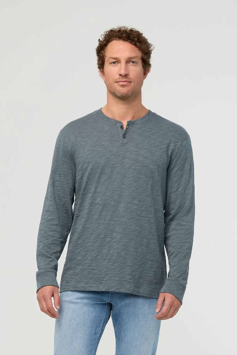 Duer Midweight Slub Henley in Slate Blue — Front view