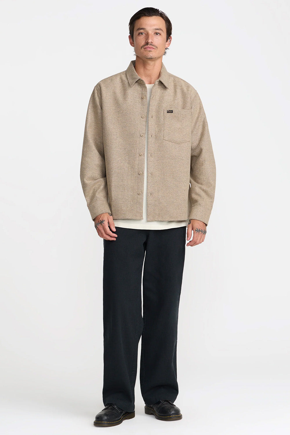 RVCA Dayshift Solid Flannel in Wheat — Full-Body view
