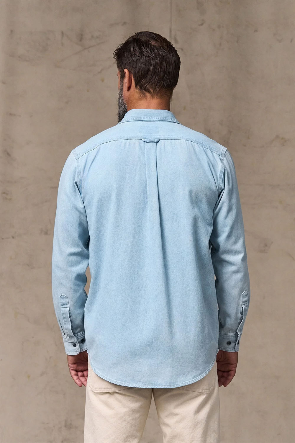 filson denim guide shirt light indigo back