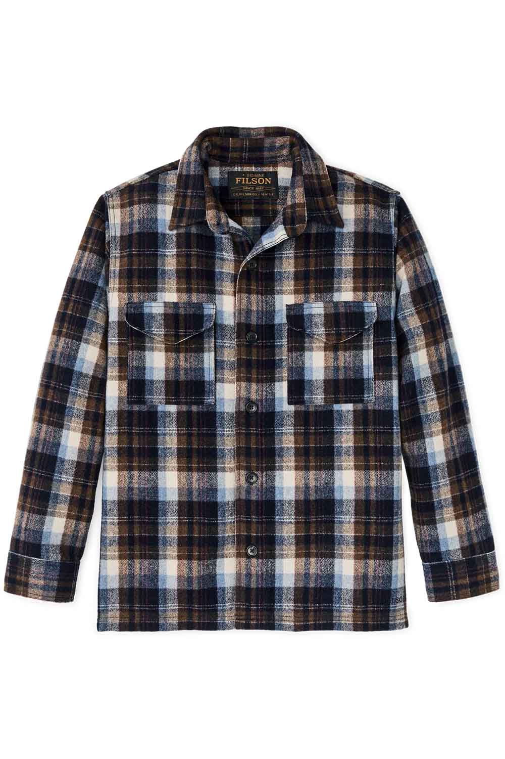filson jac shirt brown light blue multi plaid flatlay