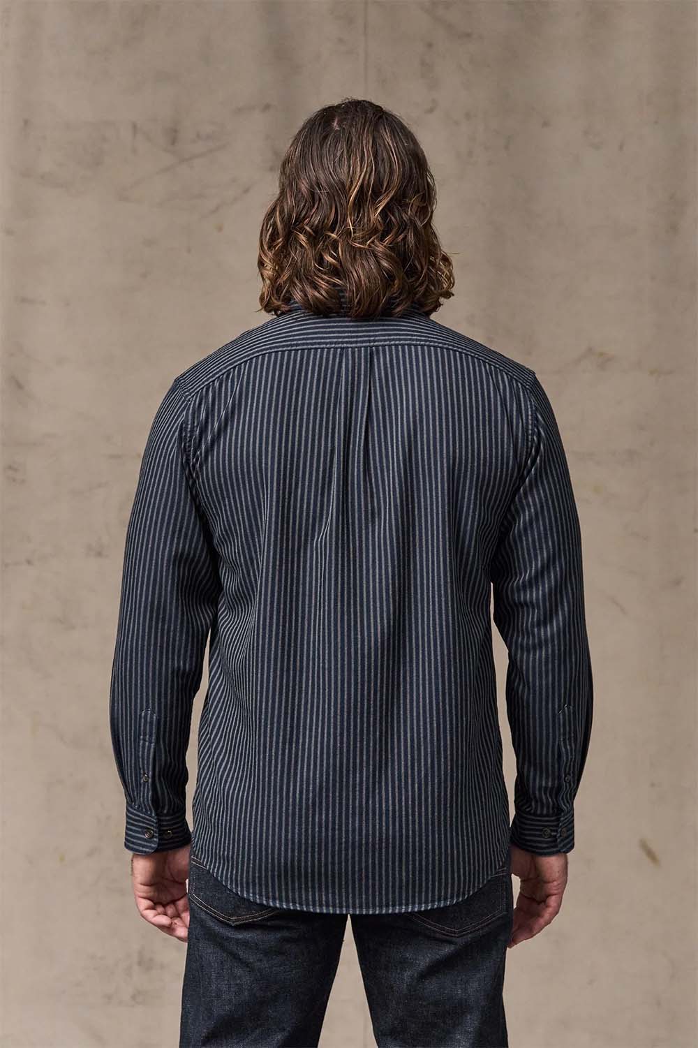 filson lw alaskan guide shirt indigo ticking stripe back