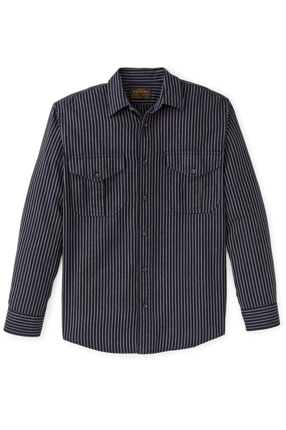 filson lw alaskan guide shirt indigo ticking stripe flatlay