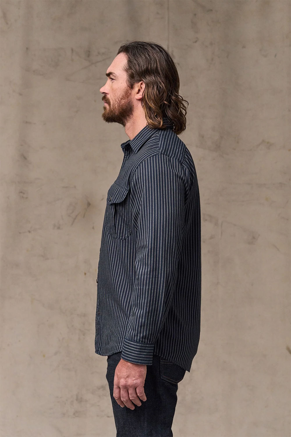 filson lw alaskan guide shirt indigo ticking stripe side