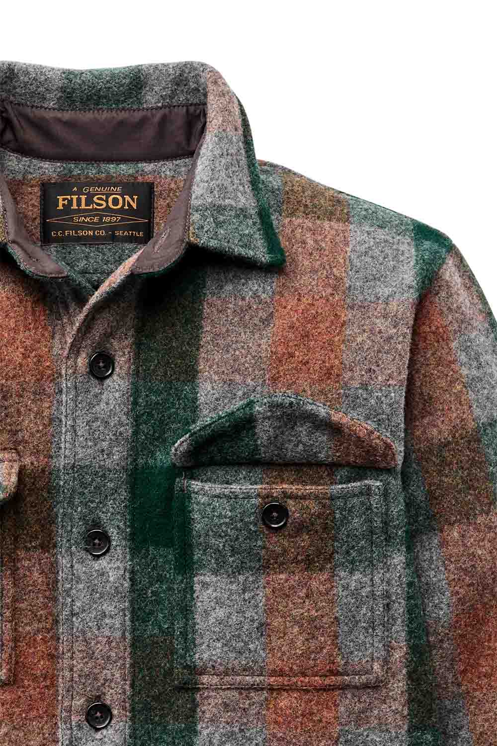 filson mackinaw wool jac shirt green orange gray plaid detail