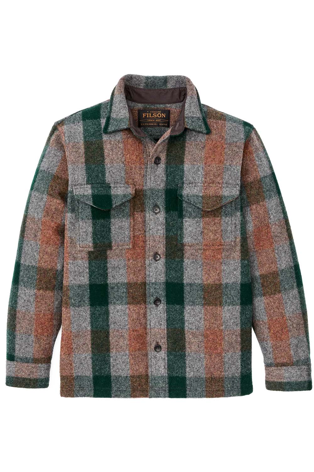 filson mackinaw wool jac shirt green orange gray plaid front 