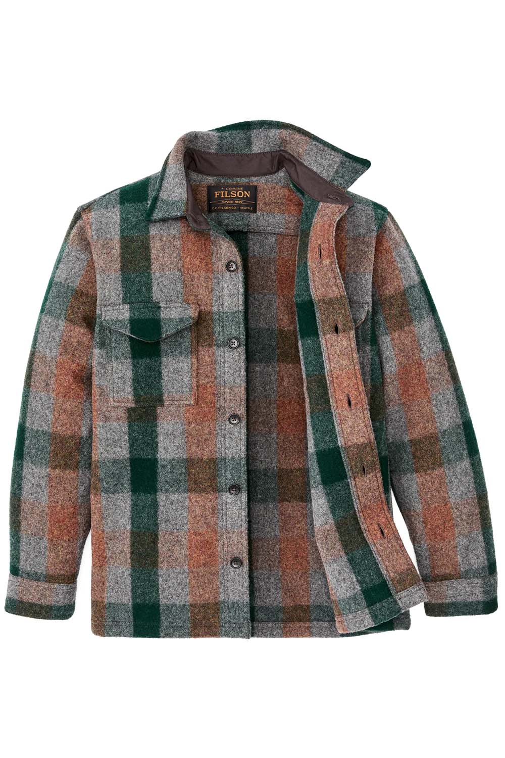 filson mackinaw wool jac shirt green orange gray plaid inside