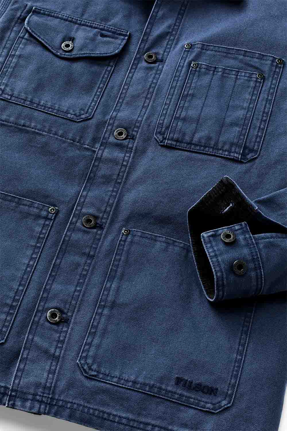 filson rustic canvas barn coat indigo detail