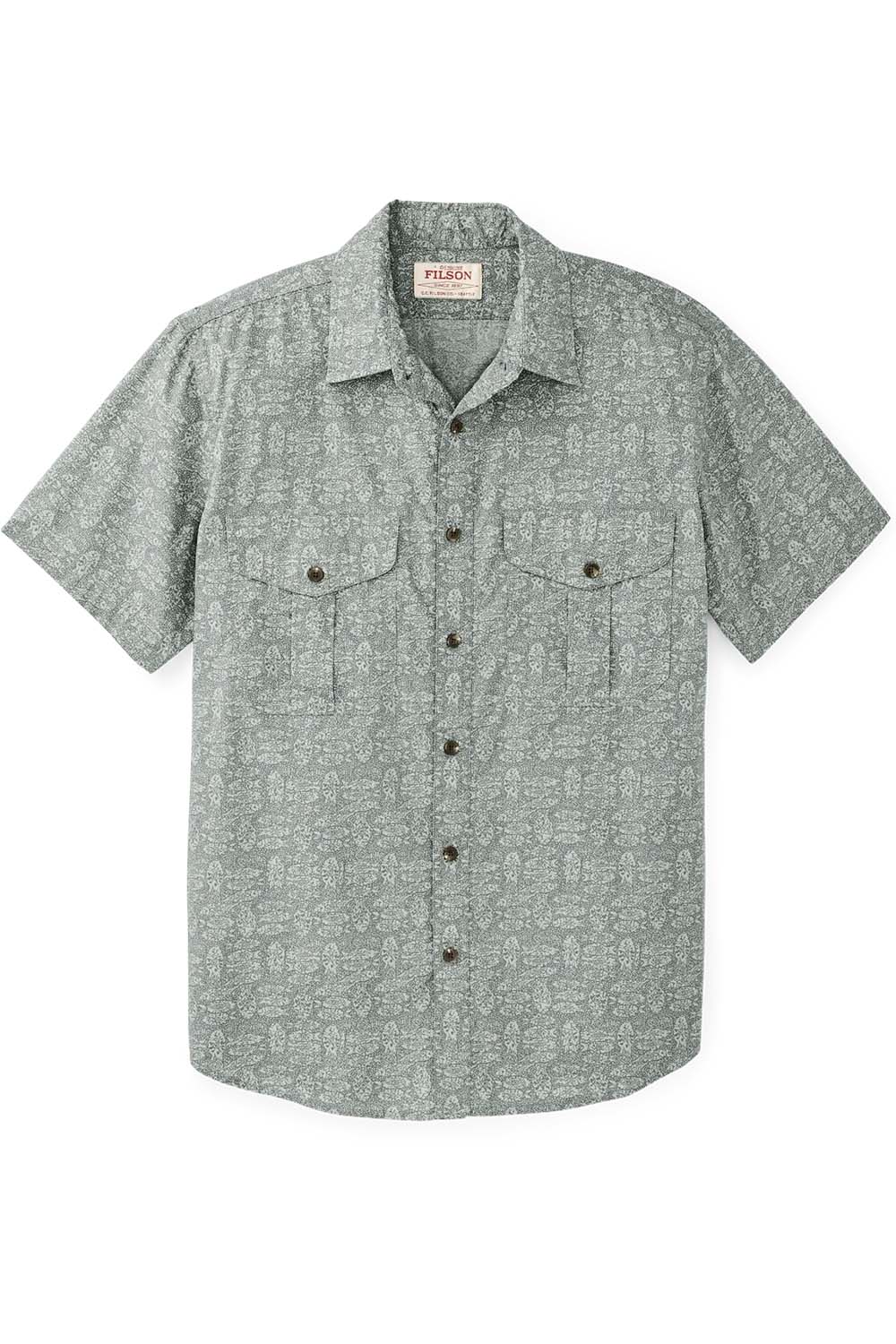 filson washed ss feather cloth shirt khaki print flatlay