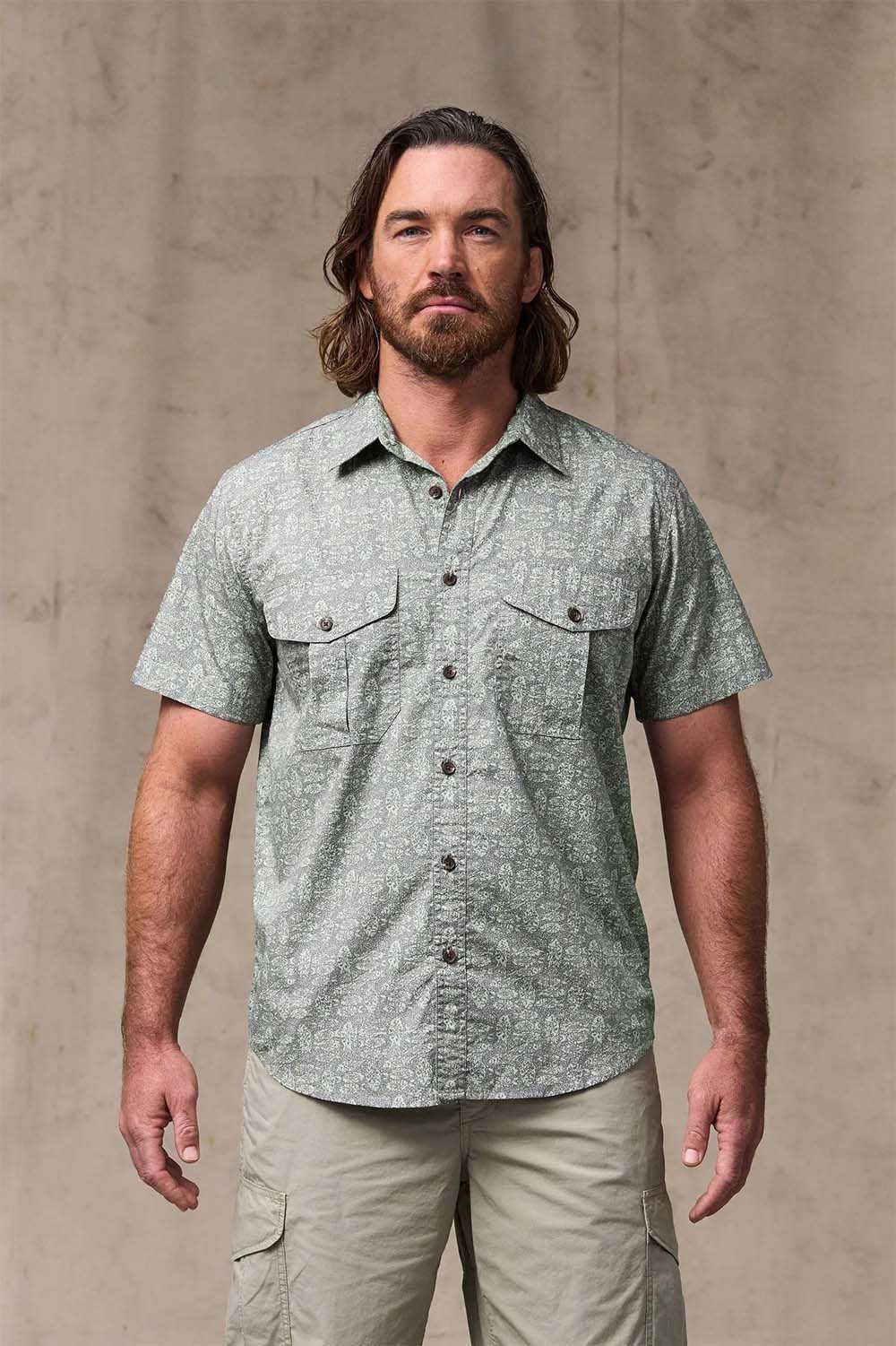 filson washed ss feather cloth shirt khaki print front