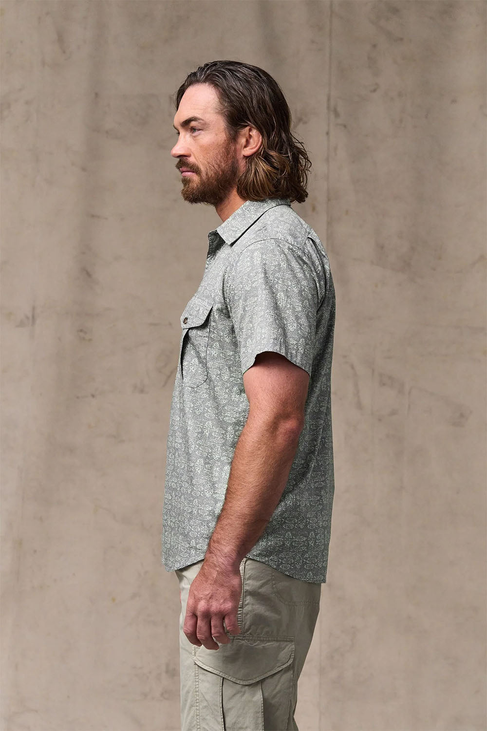 filson washed ss feather cloth shirt khaki print side