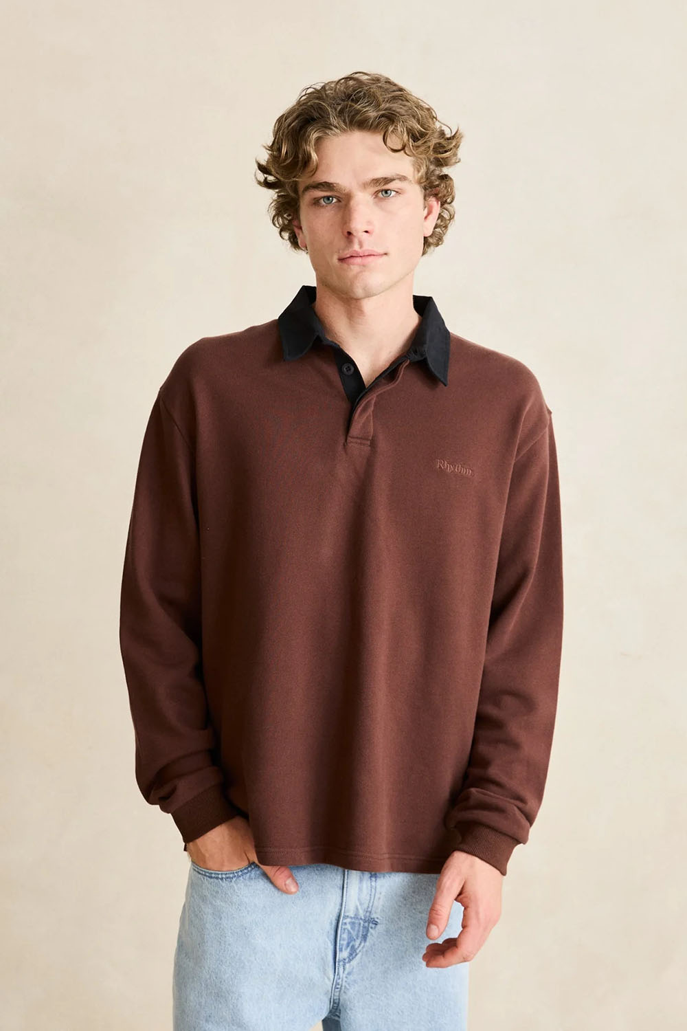 Rhythm Koa Rugby Polo in Chocolate — Front view