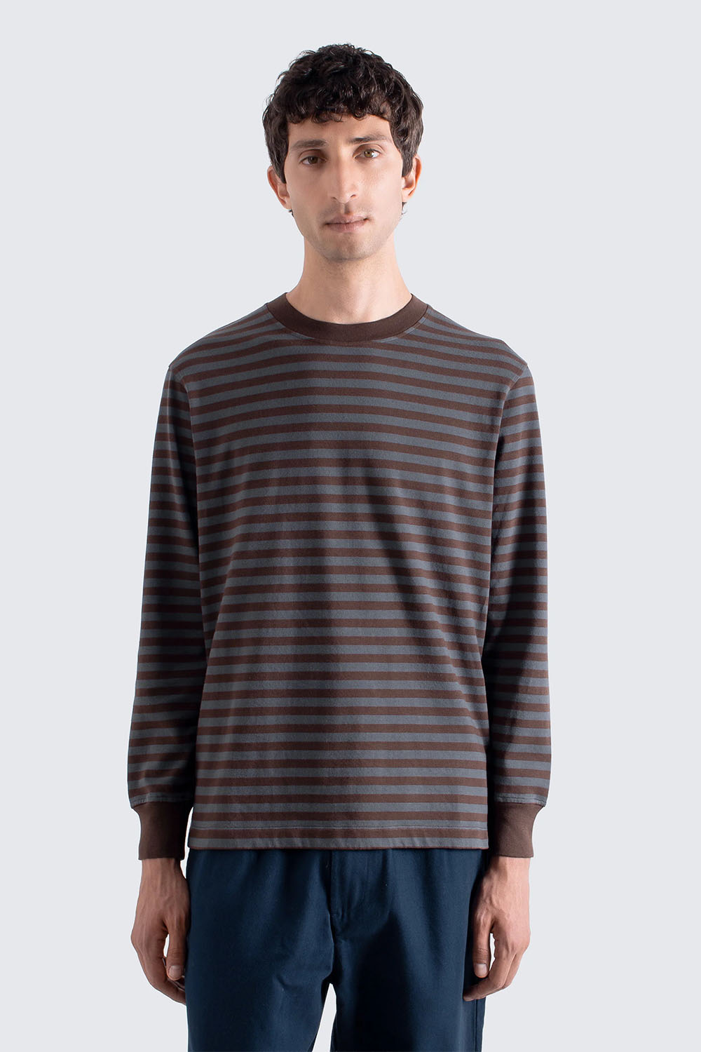Far Afield - Breton Stripe Tshirt - Grey/Brown - Front