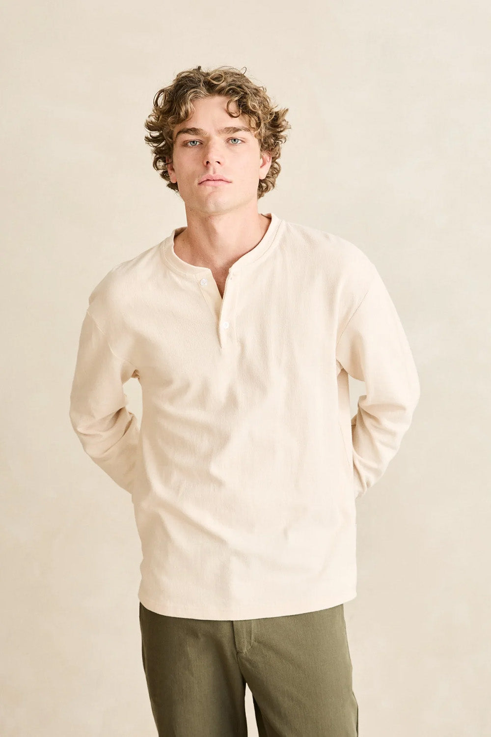 Rhythm Vintage Jersey Henley in Natural — Front view