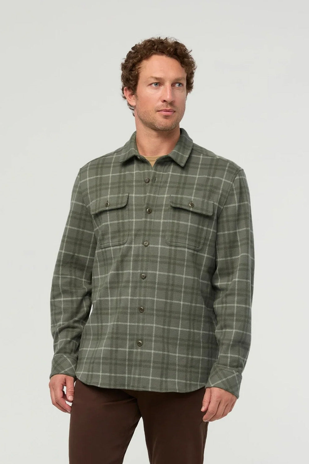 Duer Performance Flannel Overshirt in Thyme Plaid — Front view