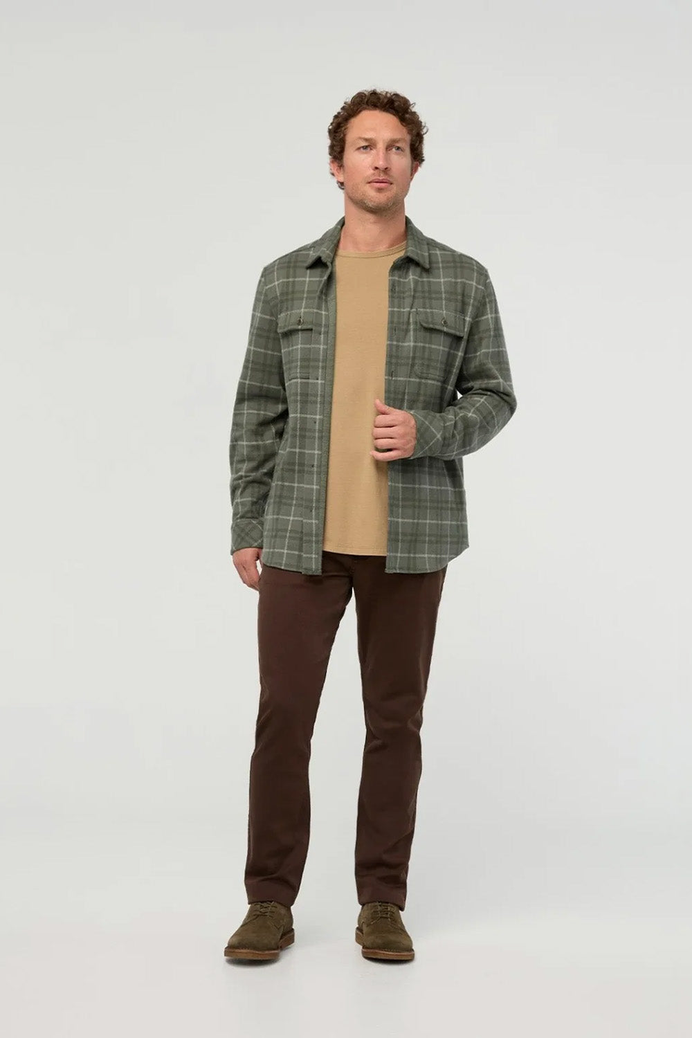 Duer Performance Flannel Overshirt in Thyme Plaid — Lifestyle view