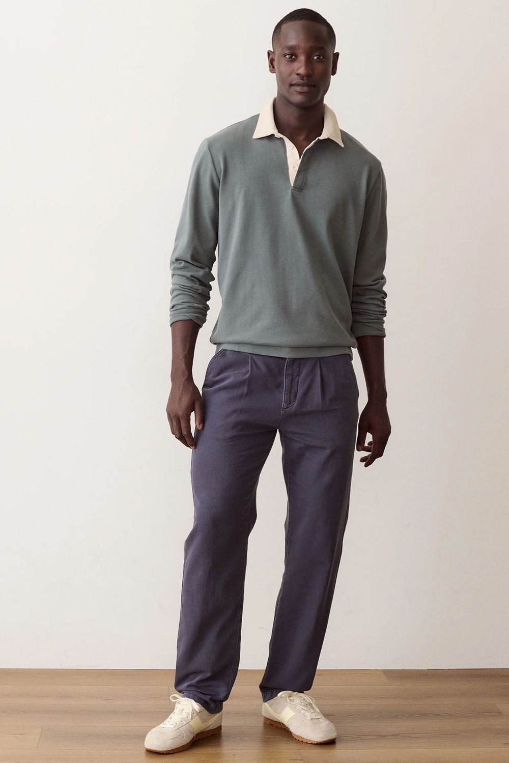 Marine Layer Sueded Rugby Polo in Balsam Green — Lifestyle view