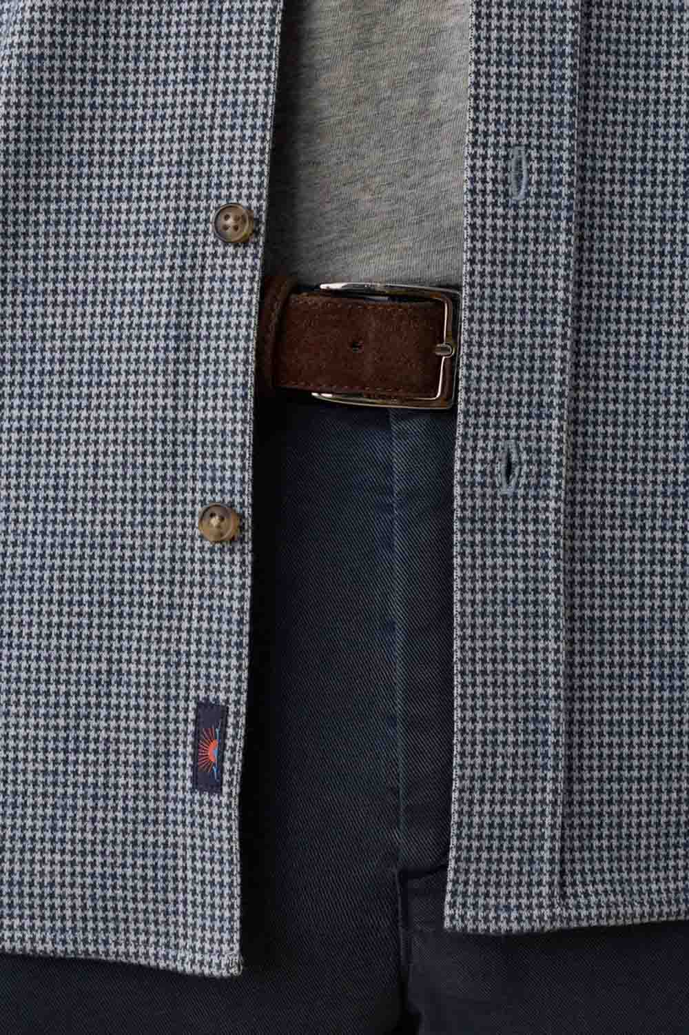 Faherty Legend Sweater Shirt in Navy Cream Pincheck — Detail buttons view
