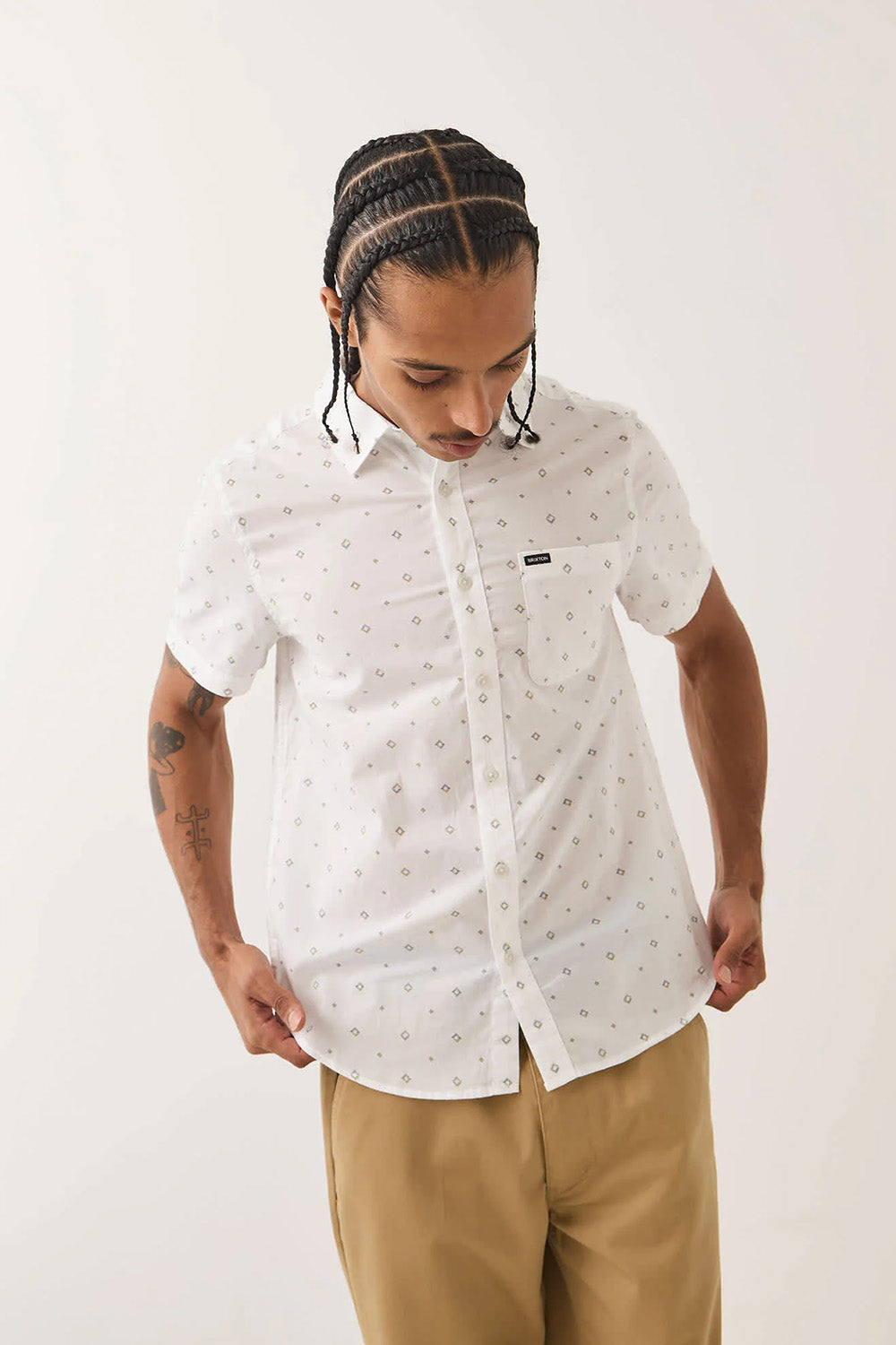Brixton Charter Print Short Sleeve in White/Geo — Front view