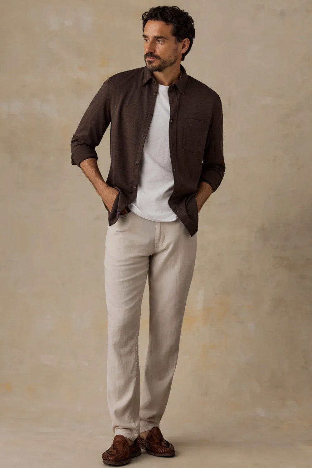 Faherty Coastline Knit Shirt in Brown Road Twill — Lifestyle view