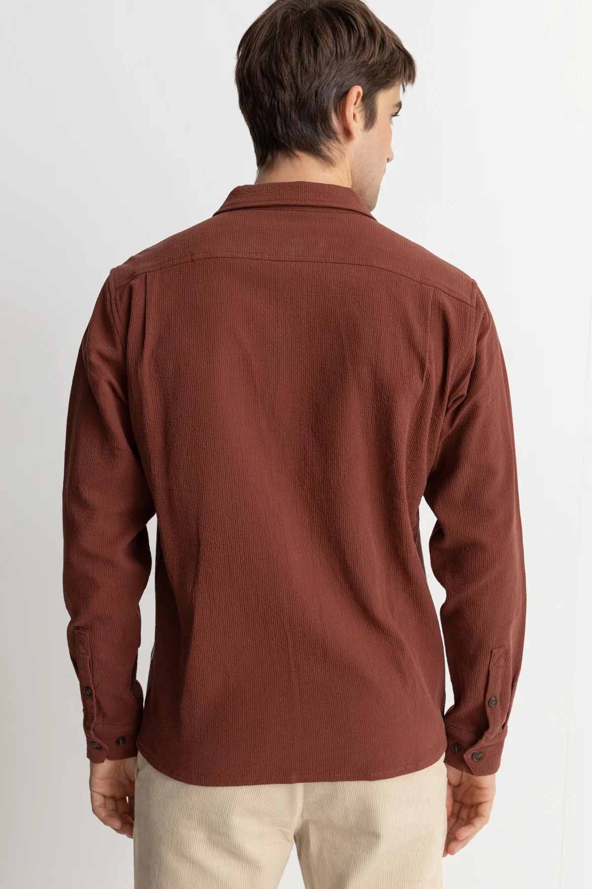 Rhythm - Textured Linen LS Shirt - Clay - Back