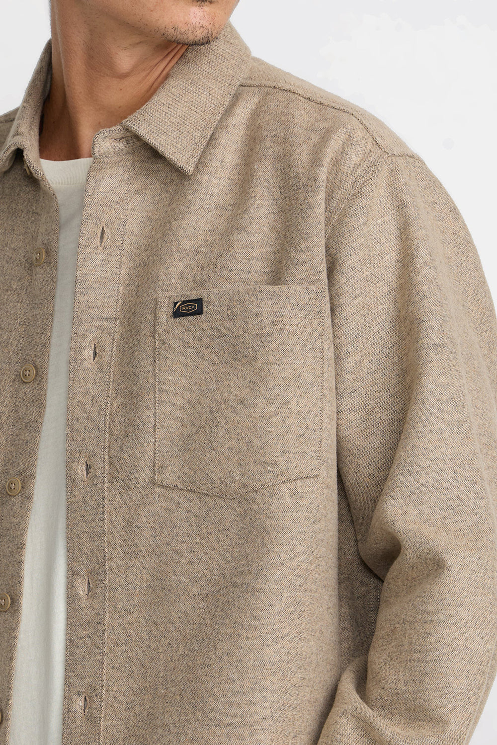 RVCA Dayshift Solid Flannel in Wheat — Detail-1 view