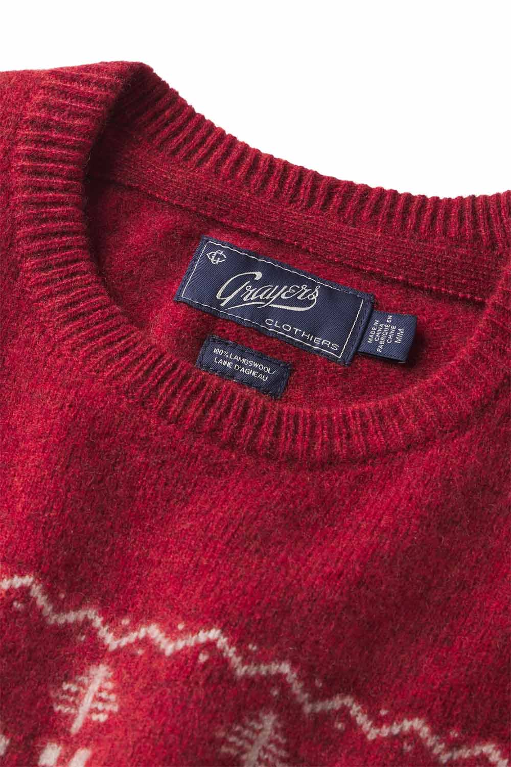 grayers reindeer lambswool crew holiday red detail
