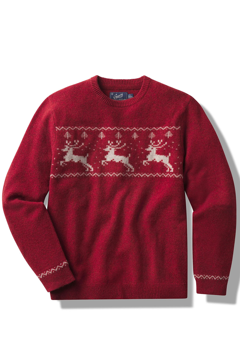 grayers reindeer lambswool crew holiday red flatlay