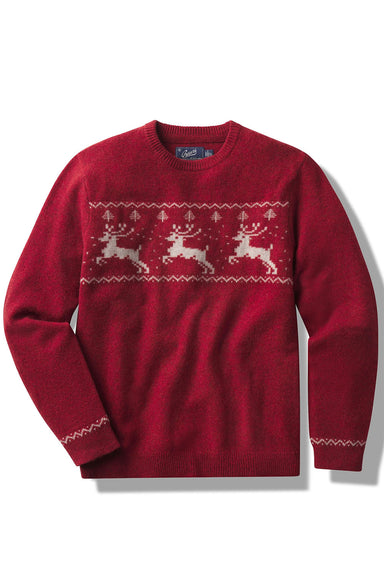 grayers reindeer lambswool crew holiday red flatlay