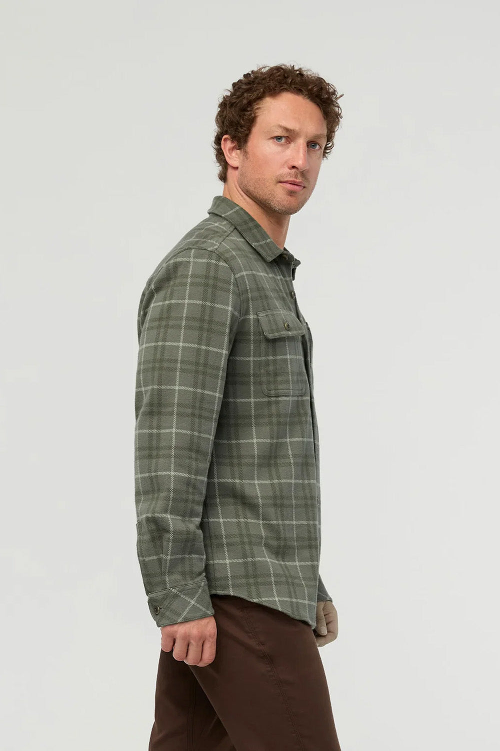 Duer Performance Flannel Overshirt in Thyme Plaid — Side view