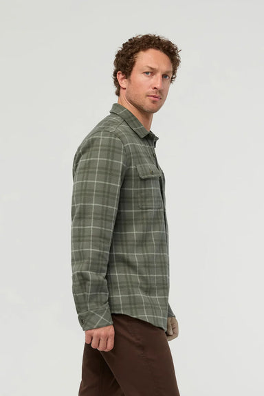 Duer Performance Flannel Overshirt in Thyme Plaid — Side view