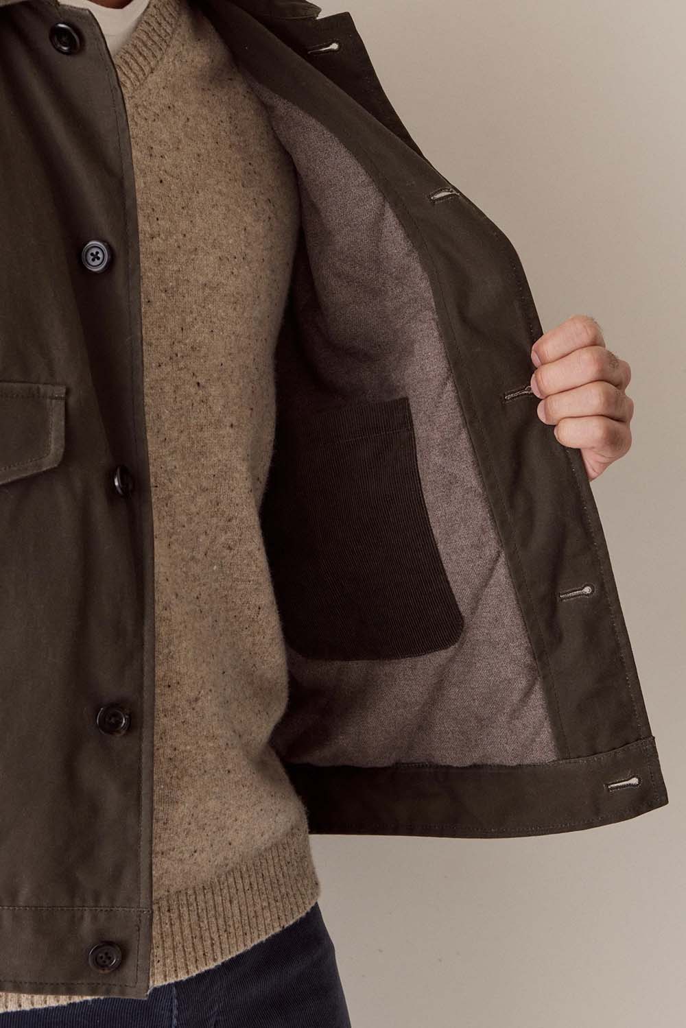 Marine Layer Waxed Trucker Jacket in Olive — Detail interior view