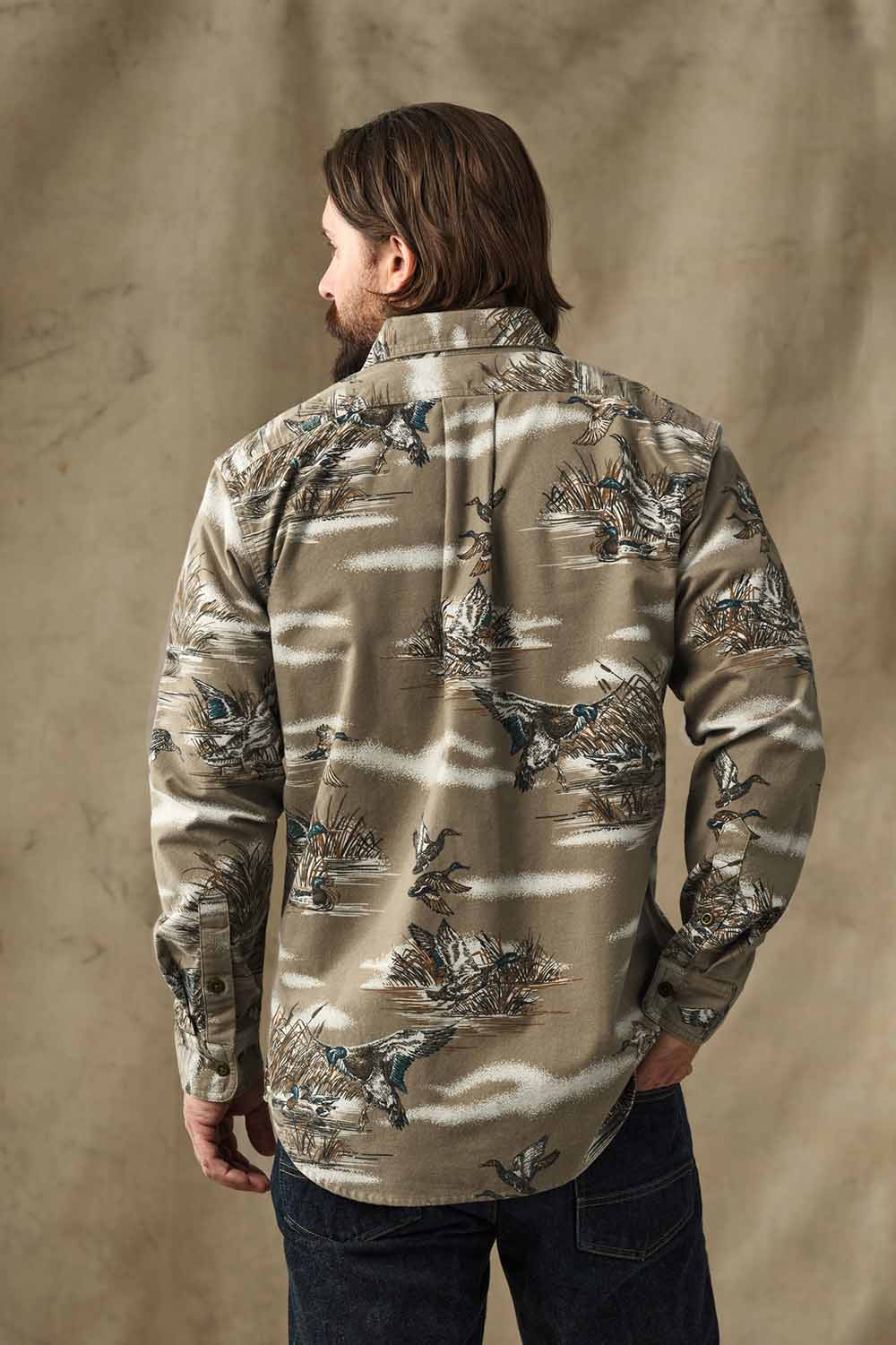 Filson Field Flannel Shirt in Marsh Olive Print — Back view