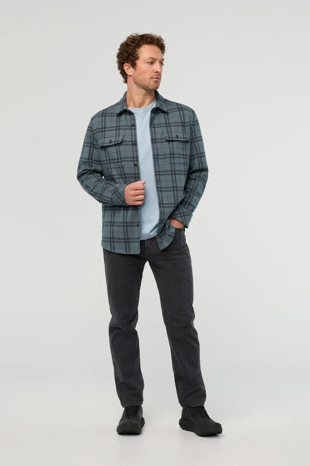 Duer Performance Flannel Overshirt in Marine Plaid — Lifestyle view
